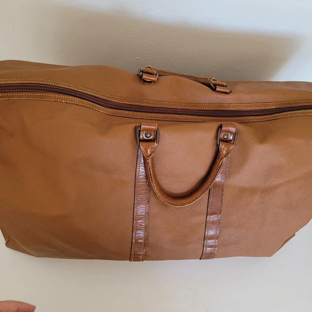 Hunting World Vintage Tan Leather Trim Duffel Bag Travel Weekender Large